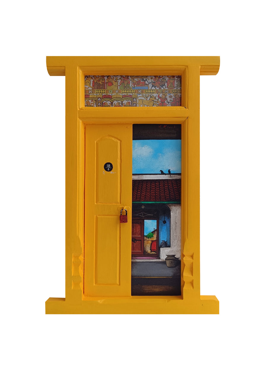 Wooden Door Series 1947 I – Signal Yellow by K.R. Santhana Krishnan — mixed media on wood, Door 1947 series