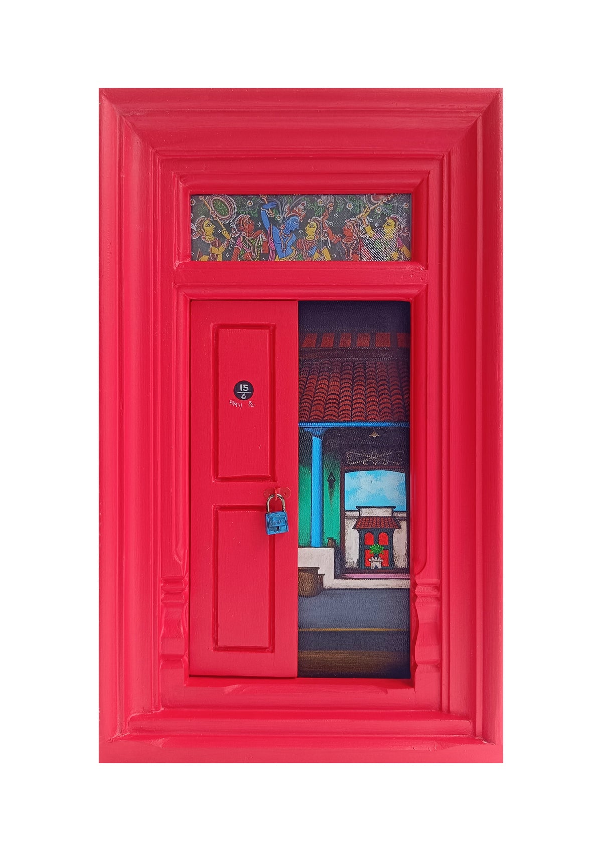 Wooden Door Series 1948 IV – Raspberry Red by K.R. Santhana Krishnan — mixed media on wood, Door 1948 series