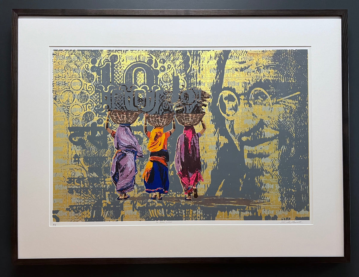The Three Sisters #Gold Gandhi II by Natasha Kumar — hand drawn screenprint with 22 carat gold leaf, Indian Woman series