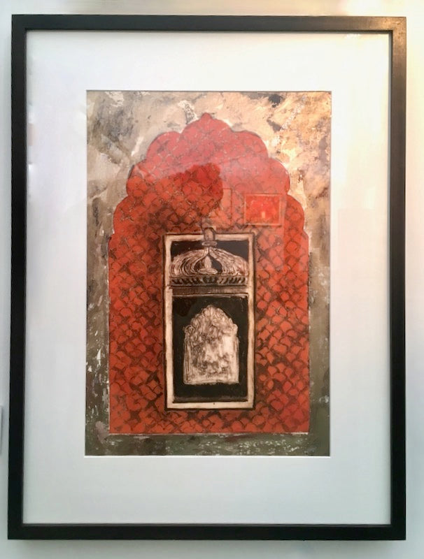 Mughal Window – Gold Foil by Natasha Kumar — etching with gold foil and pigment, Jali + Haveli Windows series