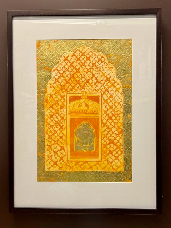 Mughal Window – 22 Carat Gold Leaf by Natasha Kumar — etching and collograph with gold leaf, Jali + Haveli Windows series