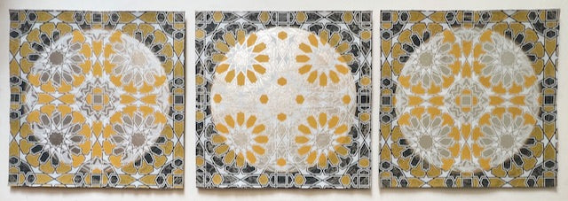 Rasa Chandravanshi Triptych by Natasha Kumar — three-panel etching, monoprint and screenprint with 22 carat gold leaf, Rasa Girih series