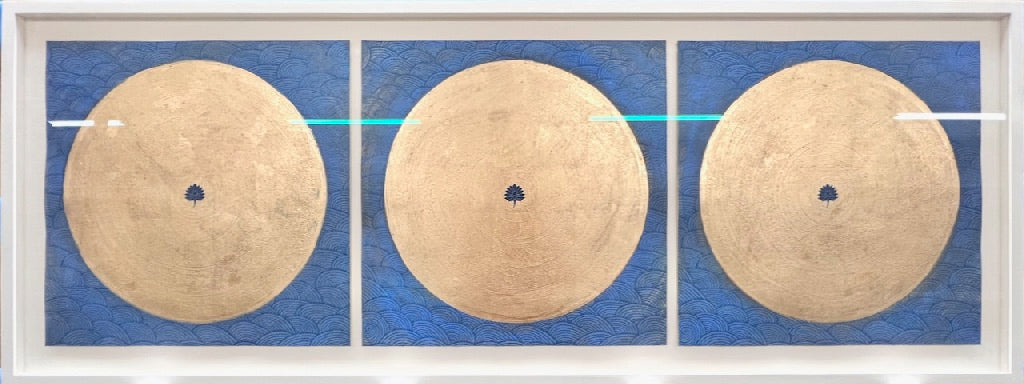 Utpala Rasa Triptych by Natasha Kumar — three-panel etching and monoprint with screenprint and 22 carat moon gold leaf, Rasa Lotus series