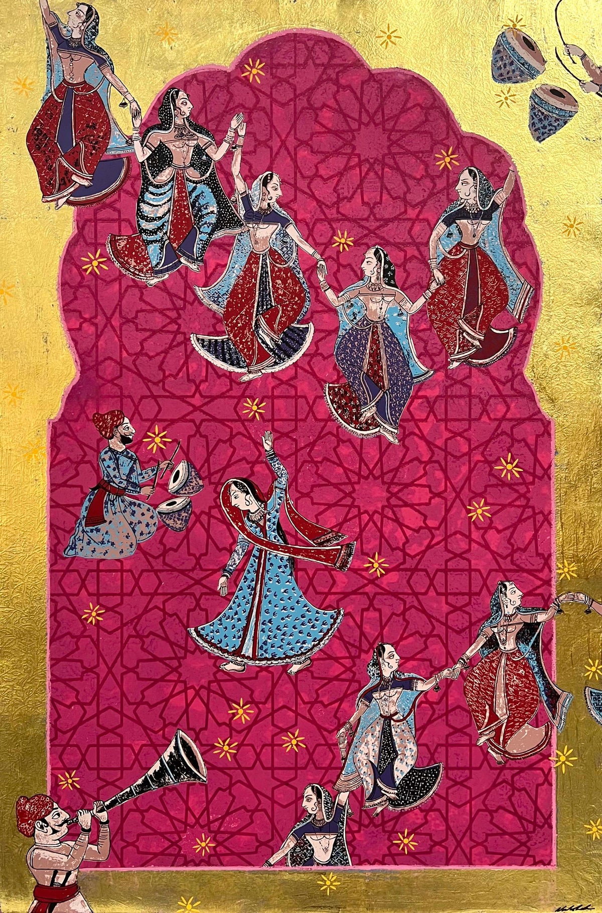 Utsava – Joyous Occasion, Celebration I by Natasha Kumar — etching, collograph, screenprint and mixed media with 22 carat gold leaf, Utsava series