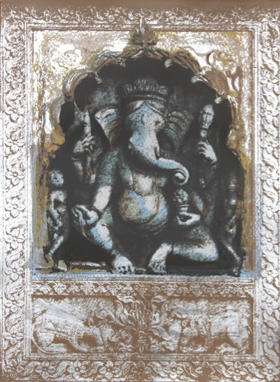 Ganesha III by Natasha Kumar — hand drawn screenprint with silver leaf, Ganesha series