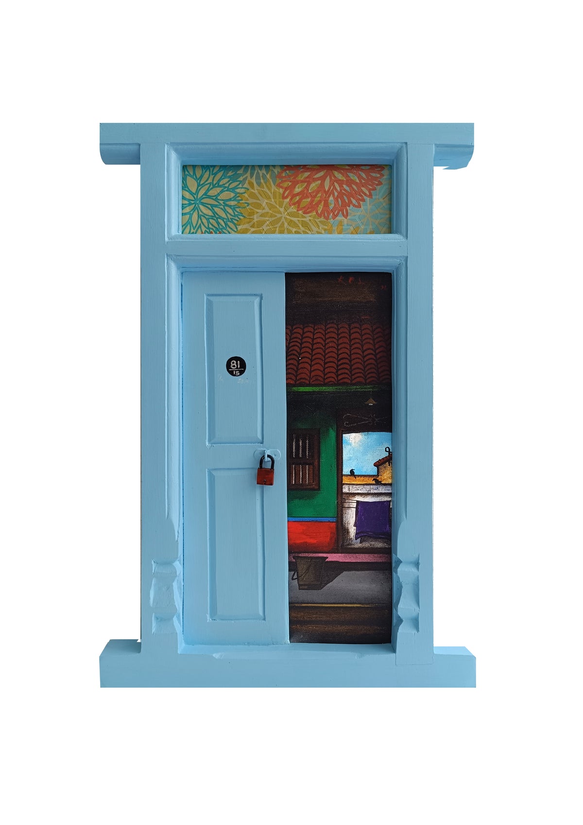 Wooden Door Series 1947 VI – Light Blue by K.R. Santhana Krishnan — mixed media on wood, Door 1947 series