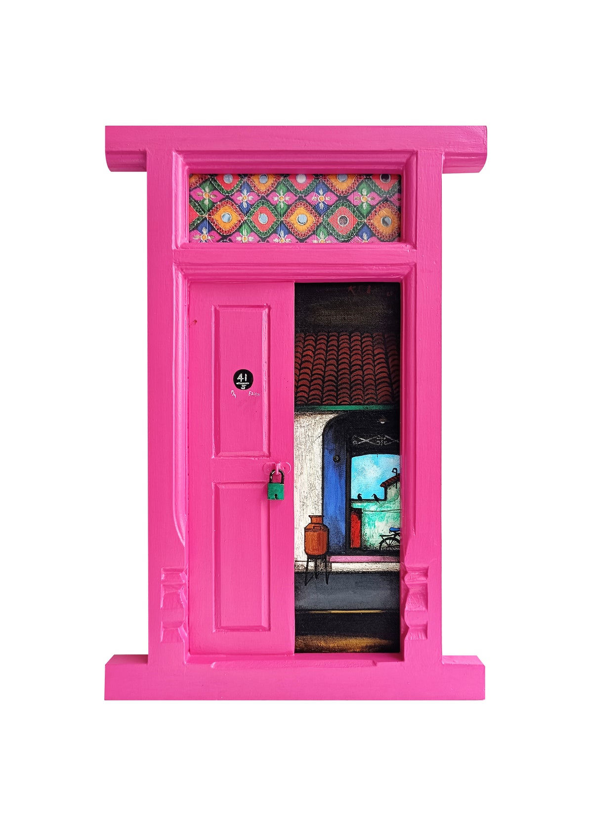 Wooden Door Series 1947 X – Rani Pink by K.R. Santhana Krishnan — mixed media on wood, Door 1947 series